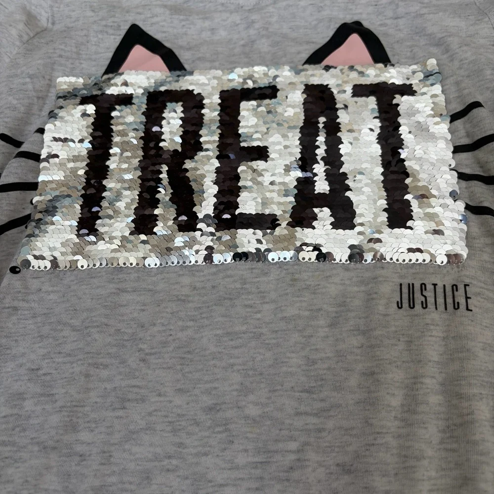 Justice Halloween Girls Trick or Treat Flip Sequins Light Gray Cat Ear T-Shirt